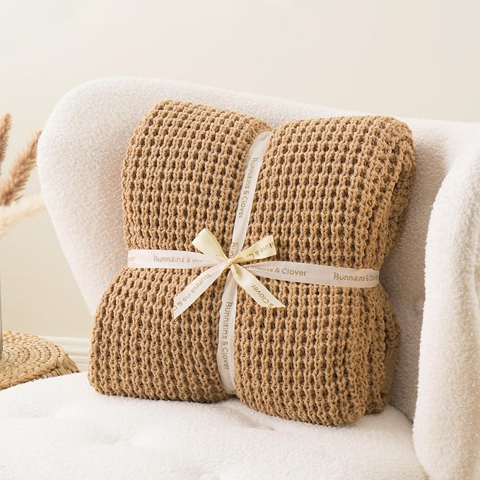 Bunnikins & Clover Beige Throw Blanket for Couch, Knitted Beige Throw for Bed, Neutral Throw Blankets Tan Blanket for Room Decor Housewarming Gifts, 50"x60"