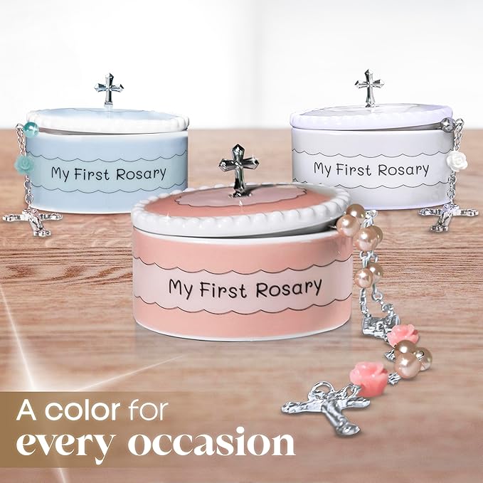 My First Rosary and Keepsake Box Set White and Pink – Catholic Baptism Gifts for Boys, Blessed First Communion Gifts for Boys or Girl, Christening from Godparents