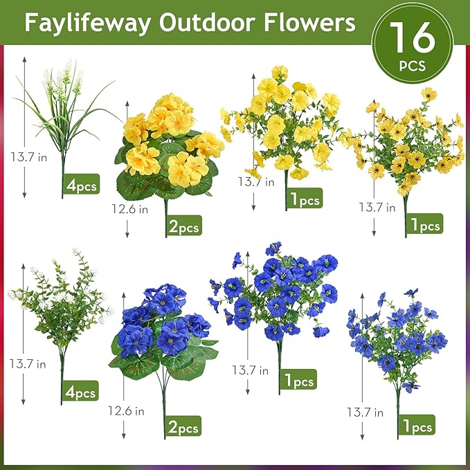 16 Bundles Artificial Flowers for Outdoors, UV Resistant Silk Faux Flowers for Outside Planters,Garden,Porch,Patio,Yard,Home Decor(Blue&Yellow)