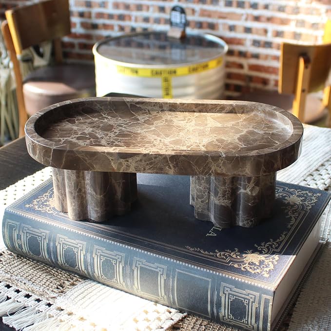 Natural Travertine Marble Oval Tray with 2 Legs, 10" Vanity Decorative Tray for Countertop Organizer, Catchall Tray for Perfume, Candles, Jewelry Dish
