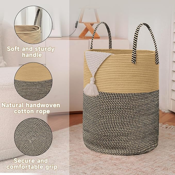 JMvicyroam Large Woven Laundry Basket Hamper,80L Cotton Rope Storage Bin for Blankets,Toys and Clothes,Decorative Tall Nursery Hamper for Living Room,Baby Nursery,Bathroom and Bedroom,Brown and Black