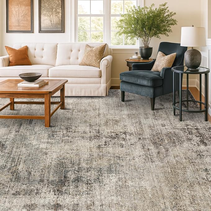 Hazo Haus Taupe Brown Extra Large Area Rug for Living Room 10x14 – Modern Farmhouse Rustic Washable Rug for Dining Room & Bedroom, Non-Slip Foldable Dark Academia Décor