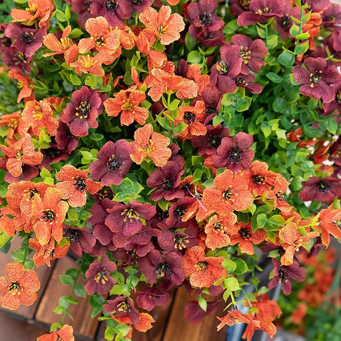 Artificial Faux Mums Flowers Plants for Outdoors Outside Fall Autumn Decoration,12 Bundles Realistic Fake Flowers Plant Greenery Silk Daisy UV Resistant Planters Porch Patio Garden(Orange Burgundy)