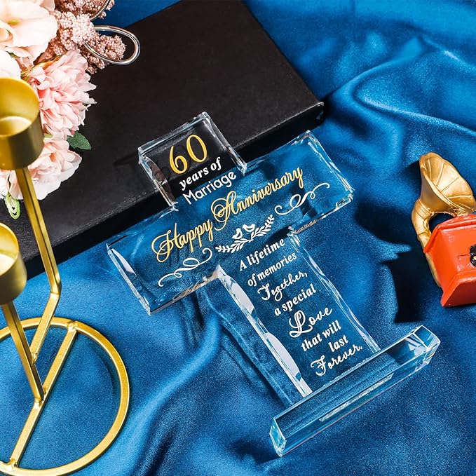 YWHL 60th Anniversary Cross Gifts for Couple Parents, 60 Years Wedding Anniversary Keepsake for Him Her, Laser Carved 60 Years of Marriage Glass Cross Decoration