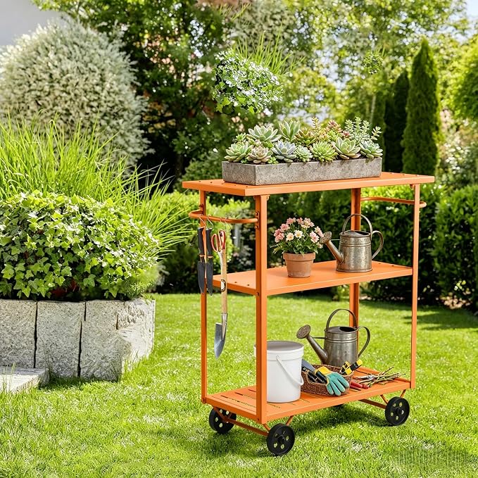 LOKKHAN Orange 3-Tier Metal Rolling Beverage Bar Cart | Waterproof Rustproof Serving Cart with Handle | 39.37 x 15.74 x 41 in | Indoor Use Outdoor Party Utility Storage Cart