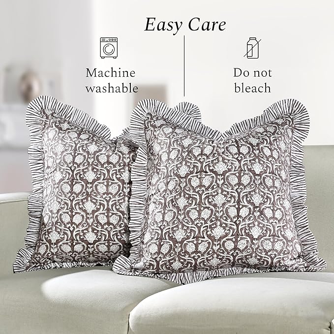 CPC Mocha Regal Hand Block Print 100% Cotton Ruffle Throw Pillow Cover 24x24 inch with Hidden Zipper Decorative for Couch, Bed, Sofa, Farmhouse, Cottagecore Decor Gift Christmas Fall Thanksgiving
