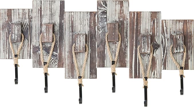 MyGift 6 Hook Wall Mounted Torched Wood Entryway Coat and Hat Rack, Decorative Nautical Style Rustic Rope Metal Hanging Storage Hooks on Offset Wooden Planks