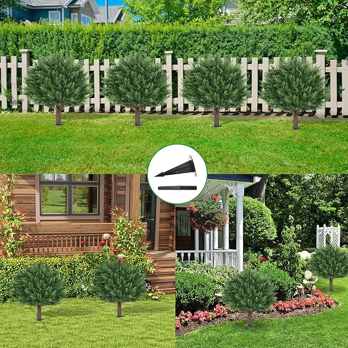 Grooy Artificial Cypress Topiary Tree with Ground Spike, Set of 4 Artificial Shrub Bushes, Fake Evergreen Tree for Porch, Artificial Plants for Outdoor Planters Indoor UV Resistant