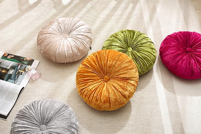 Verpert Pack 2:Round Floor Cushions Pillow, Solid Color Velvet Meditation Cushion Pumpkin Pleated Meditation Pillow for Home Sofa Bed Car Decor Floor Pillow Cushion Gold
