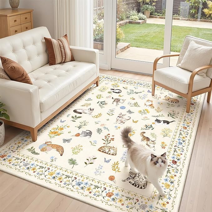 Soalmost Cat 3x5 Area Rugs for Entryway, Machine Washable Animal Floral Accent Rug Non-Slip Low Pile Soft Throw Rugs for Kitchen Bedside Living Room Bedroom Kids Room (3 x 5,Beige)