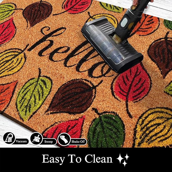 A1HC Natural Coco Coir Door Mat Hello Autumn Leaves Doormat with Heavy Duty Non-Slip PVC Backing - 18" x 30" - Easy to Clean, Welcome Mat for Home, Low-Profile Durable Doormat