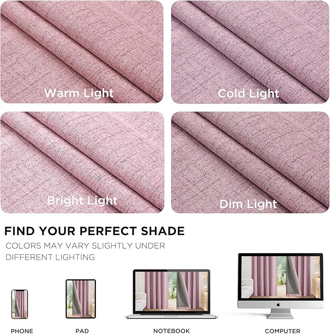 Joydeco Blackout Curtains for Bedroom - 100% Light Blocking 2 Panels Set Pink Drapes 37" W x 108" L, Thermal Insulated Room Darkening Curtains, Linen Textured for Living Room, Rod Pocket & Back Tabs