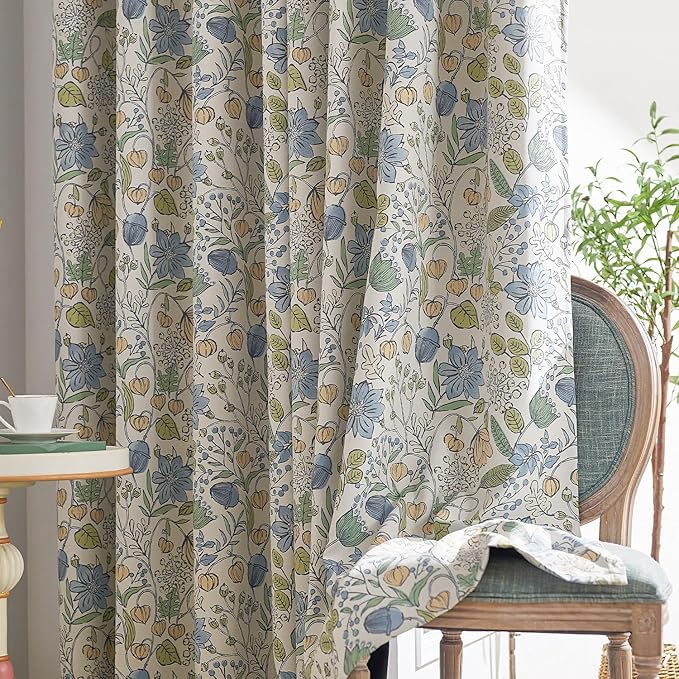 jinchan Nursery Curtains 95% Blackout Blue Floral Curtains for Kids Room, 84 Inch Length Farmhouse Drapes for Bedroom Living Room Darkening Window Treatment Grommet Top Set of 2 Panels