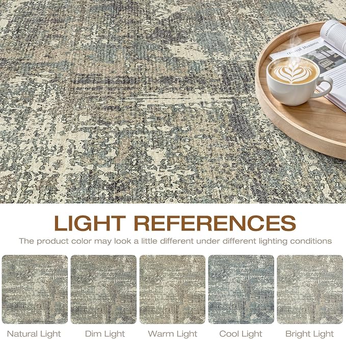 7x9 Area Rug Living Room: Washable Large Neutral Rug Abstract Soft Modern Stain Resistant Indoor Floor Non-Slip Carpet for Bedroom Nursery Kids Office Playroom Dining Room- Green Brown