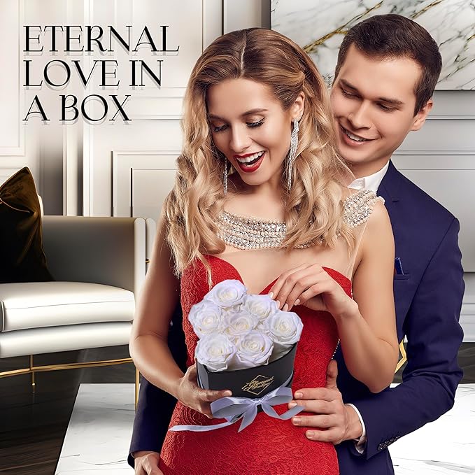 GLAMOUR BOUTIQUE 7 Flower Forever Heart Shape Box, Eternal Preserved Roses Gift for Her, Lasting Flowers, Petite Floral Heart Box for Birthday, Anniversary or Valentine’s Day, White (Color-Treated)
