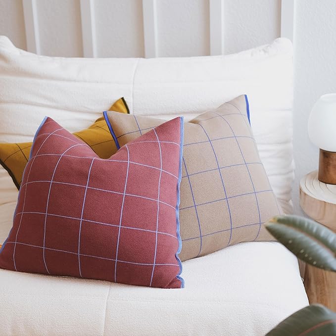 100% Soft Cotton Knitted Modern Window Pane Pillow Cover 18x18 (Burgundy, Maroon, & Vintage Wine)