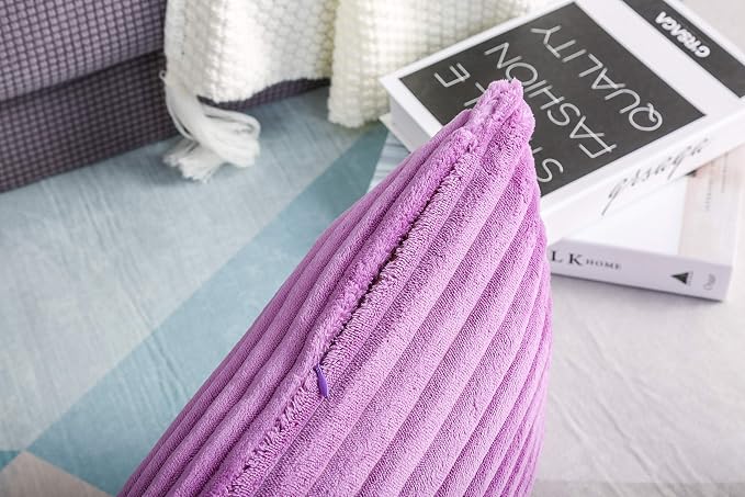 TangDepot Velvet Big Corduroy Pillow Covers 12x18 Light Purple 2-Pack | Soft wide-stripe corduroy pillow cover, hidden zipper, machine washable, easy refresh, for bedroom living room indoor outdoor