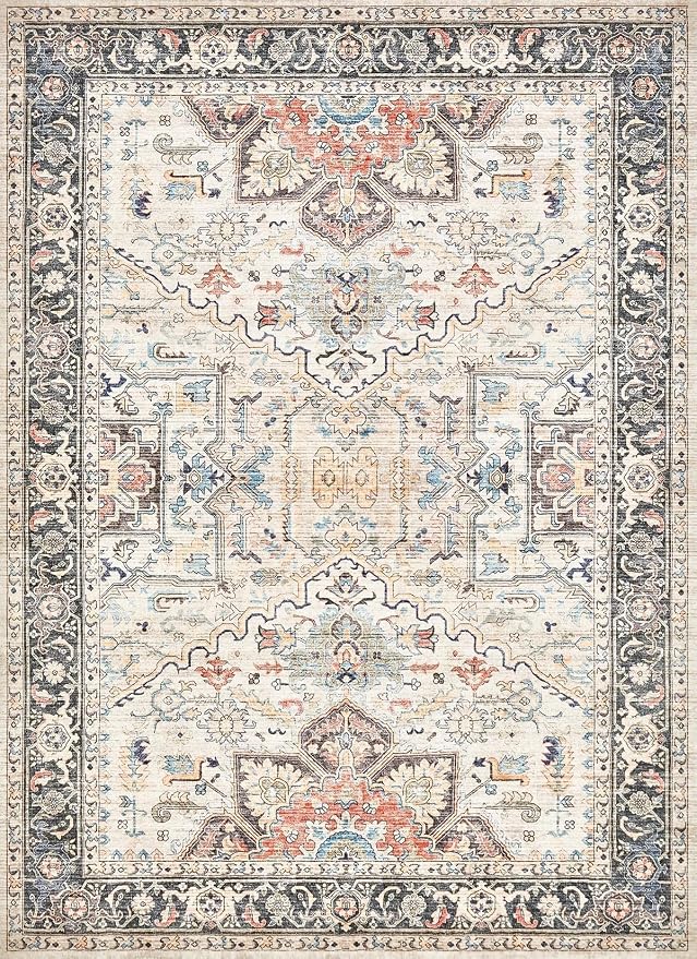 Area Rug for Living Room - 6x9 Soft Machine Washable Oriental Vintage Floral Distressed Large Indoor Floor Carpet for Bedroom Under Dining Table Home Office Decor - Multi