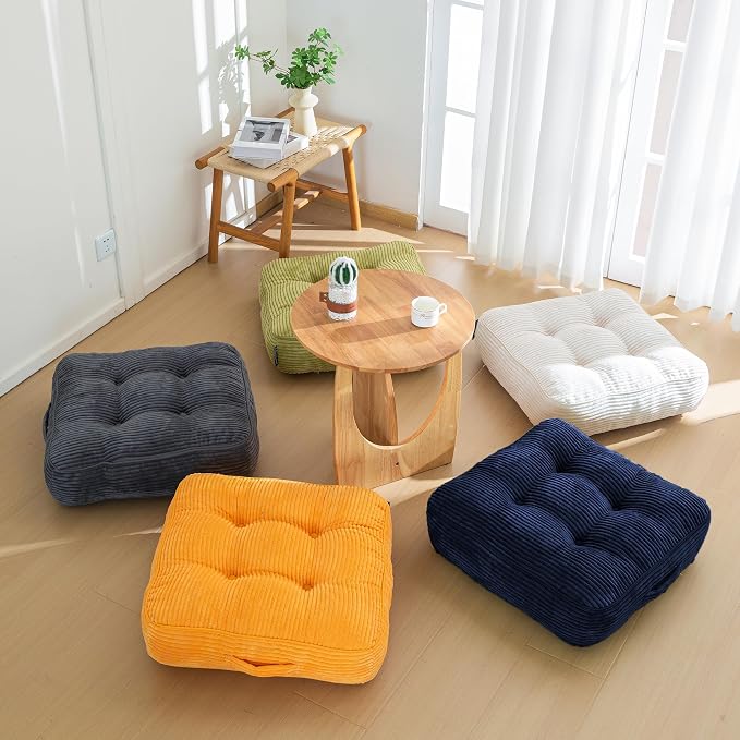 HIGOGOGO 8" Extra Thick Floor Pillow Cushion for Adults, Meditation Cushion Pillow, Large Square Floor Sitting, Tufted Corduroy Cover, for Tatami Living Room or Yoga, Orange