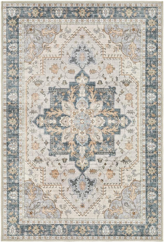 Tortania Area Rug 2x3 Doormat - Washable Vintage Oriental Farmhouse Soft Thin Indoor Carpet for Living Room Bedroom Hallway Entryway Kitchen - TealTaupe