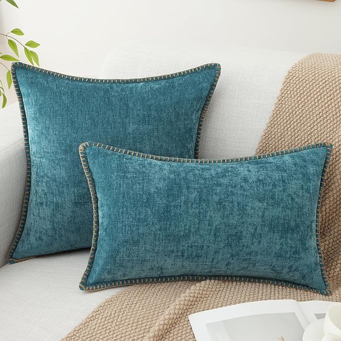 decorUhome Summer Chenille Soft Cozy Throw Pillow Covers 26x26 Set of 2, Modern Farmhouse Boho Velvet Decorative Euro Sham Pillow Cases with Stitched Edge for Couch Sofa Bed Home Decor, Teal