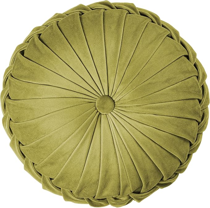 ROSE&RISY Round Pleated Velvet Throw Pillow, 1 Pack Decorative Accent Pumpkin Pillow Cushion for Couch Sofa Bed, Soft Plush Retro Vanity Throw Pillows for Home Decor, 14.5 Inch, Olive Green