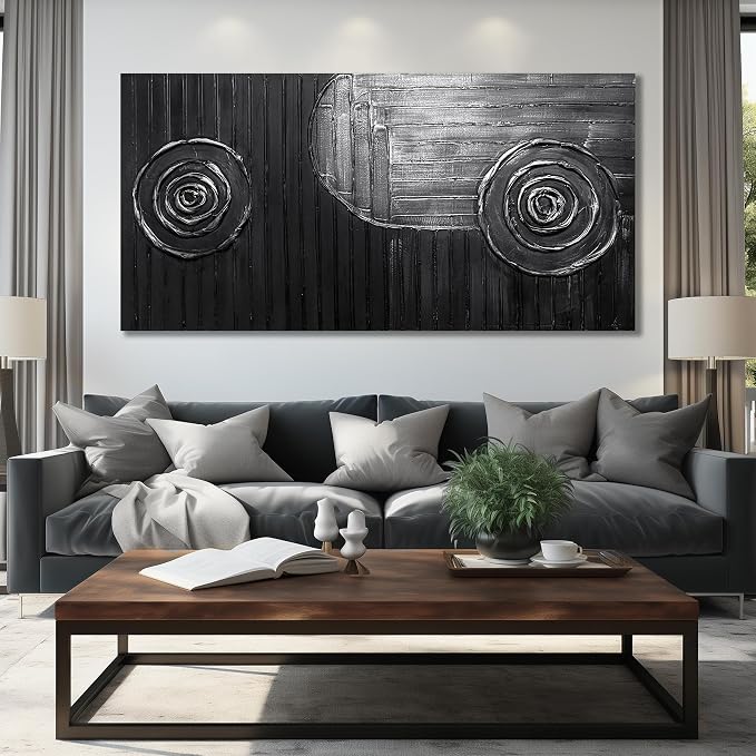 Extra Large Wall Paintings for Hotel Black and Silver Circles Wall Decorations for Living Room Abstract Office Wall Decor Size 36 x 72 Inch