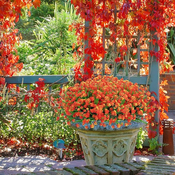Ouddy Decor 12 Bundles Artificial Flowers for Outdoors UV Resistant Fake Plastic Plants Faux Greenery Stems for Spring Summer Indoor Garden Patio Window Box Kitchen Home Decor, Orange