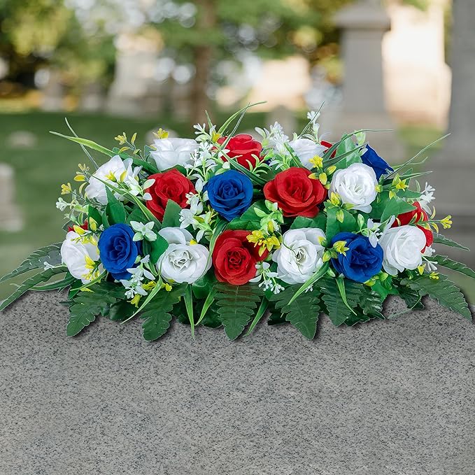 DONODA Cemetery Tombstone Flower Saddle - Outdoor Grave Decorations - Non-Bleed Colors, Rose Combination Flower. (Red, Blue, and White Saddle)