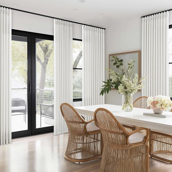 Extra Wide Pinch Pleat Linen Curtains 108 Inches Long for Living Room Sliding Glass Door 70 Inch Wide Semi Sheer Curtain Ivory White Boho Pleated Drape Hooks Rings 70x108 Large Window Curtain 1 Panel