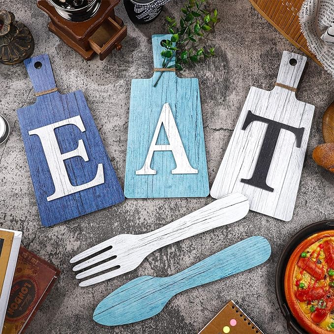 Jetec Cutting Board Eat Sign Set Hanging Art Kitchen Eat Sign Farmhouse Fork and Spoon Wall Decor Rustic Primitive Country Kitchen Decor for Home over Cabinet Decoration(Dark Blue, Light Blue, White)