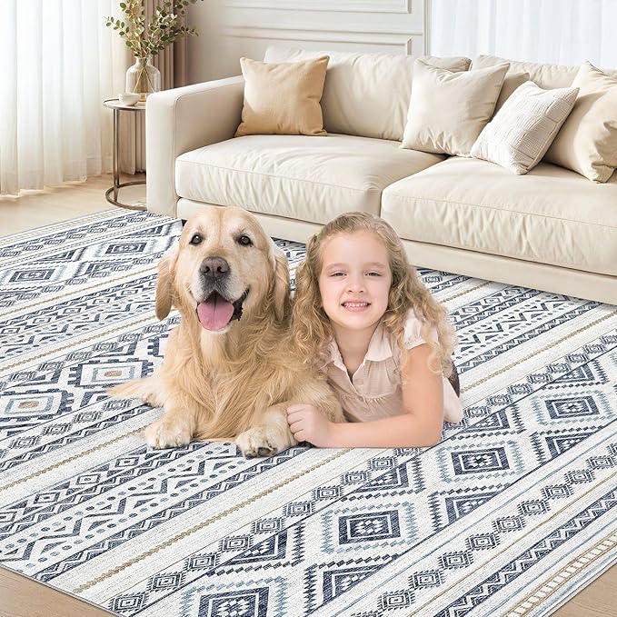 cotiled 5x7 Area Rug Living Room: Washable Boho Rugs with Non Slip Backing Large Soft Indoor Stain Resistant Carpet for Bedroom Farmhouse Dining Room Lightweight Home Decor Blue