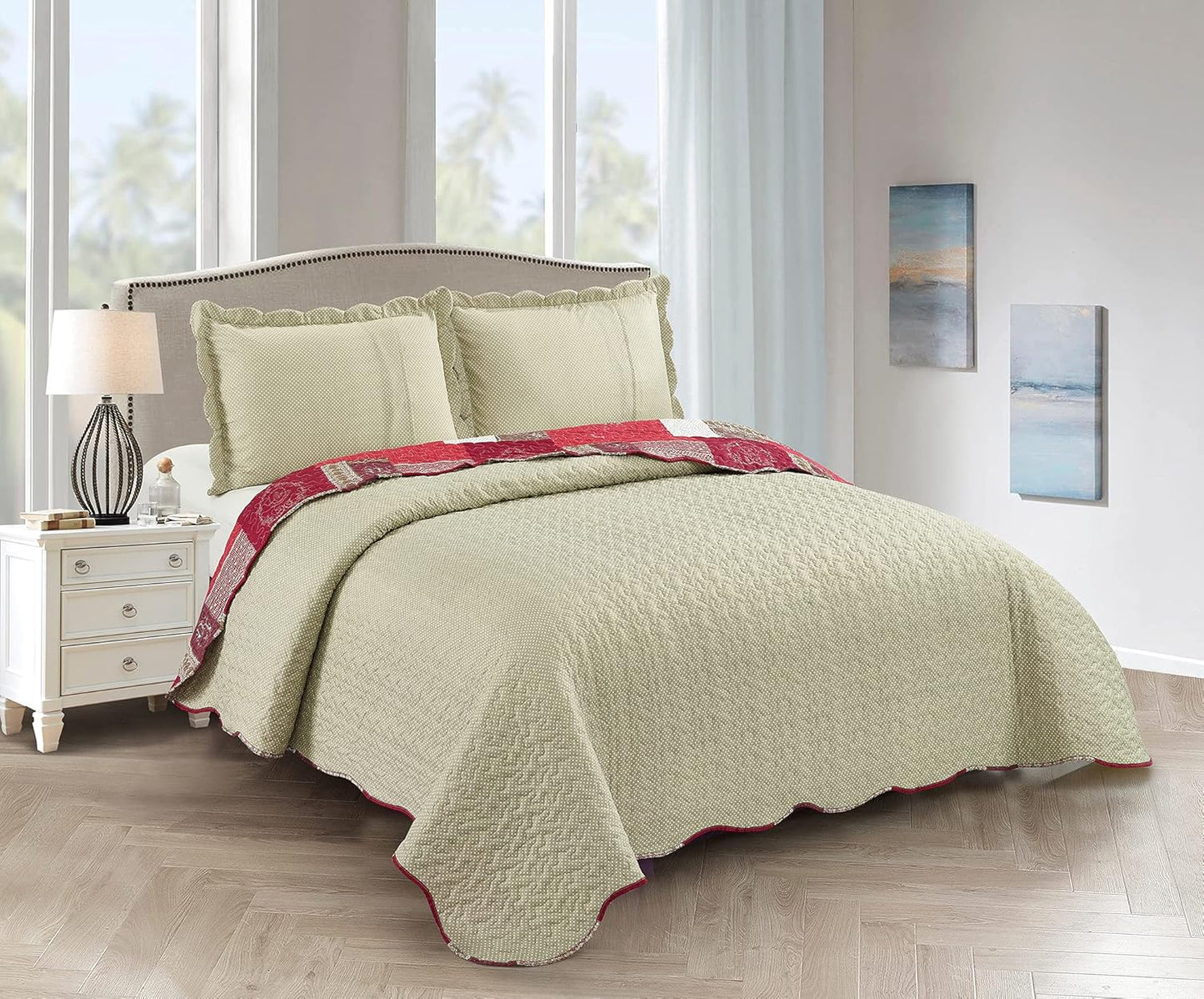 Brilliant Sunshine BurgundyHeart Love, Floral and Lace Patchwork, 3-Piece Quilt Set with 2 Shams, Reversible Bedspread, Soft Lightweight Coverlet, All-Season, Full/Queen, Burgundy