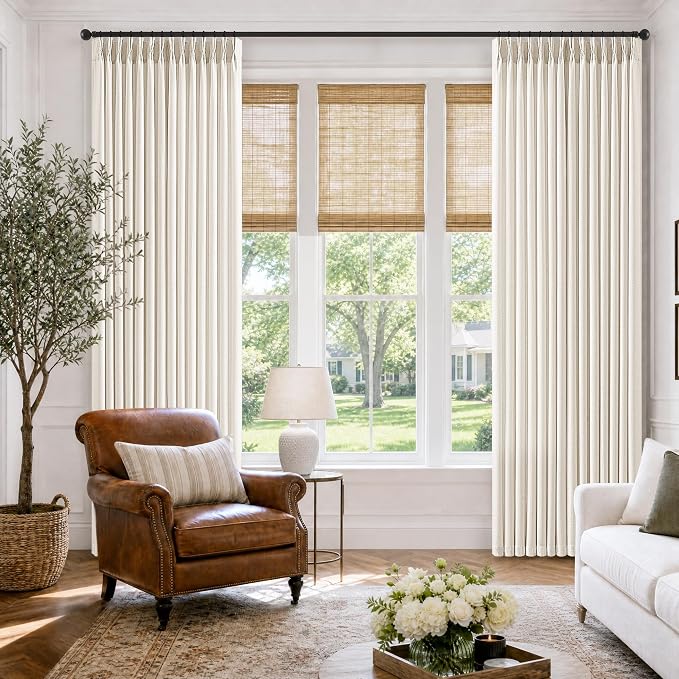 Pinch Pleat Natural Curtains 108 Inch 2 Panels Warm Beige Semi Sheer Privacy Back Tab Neutral Country Curtains for Track Rings Memory Trained Linen Blend Drapes for Living Room Sliding Patio Door 40W