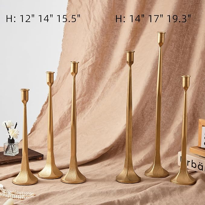 Denique Iron Taper Candle Holder Set of 3, Gold Candlestick Holders 19.3”17” 14” Heightening Decorative Candle Stand Set for Wedding, Dining Table, Home Decoration (Gold)