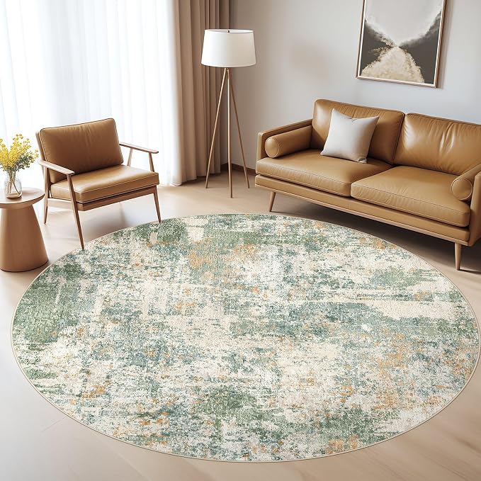 8ft Round Rug Living Room Rugs: 8x8 Washable Circle Large Abstract Modern Soft Stain Resistant Non-Slip Indoor Floor Carpet for Bedroom Nursery Office Dining Room Playroom Home House- Green