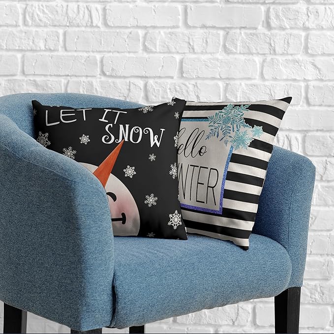2 Pack of Winter Pillow Covers 22x22 Lovely Snowman Decorative Throw Pillow Covers Set of 2 Hello Winter Black Stripes Pillow Case for Living Room Holiday Decor Couch