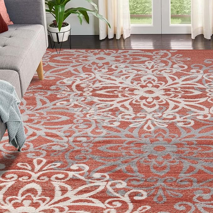 Superior Indoor Area Rug, Jute Backed, Perfect for Entryway, Office, Living/Dining Room, Bedroom, Kitchen, Hardwood Floor, Floral Scroll Decor, Leigh Collection, 4' x 6', Beige Red