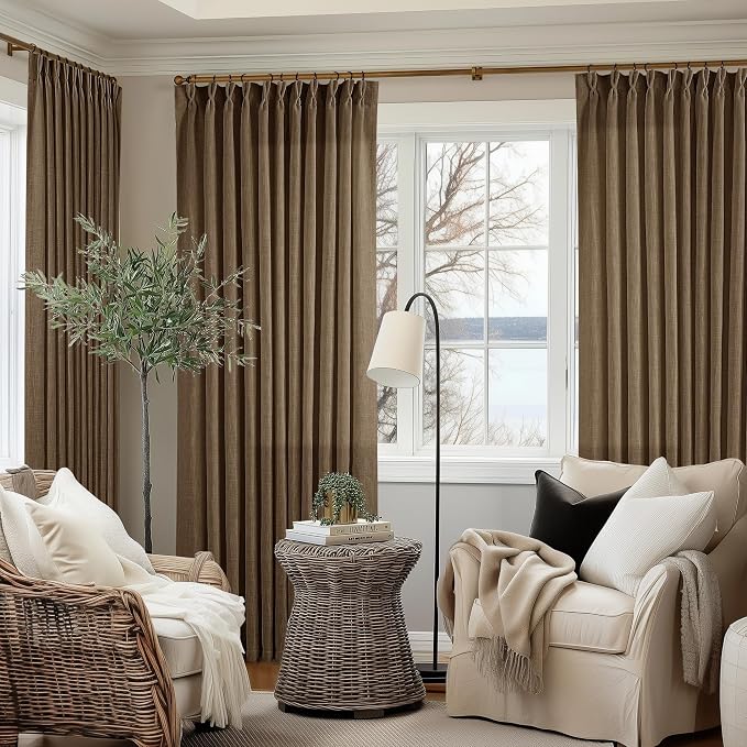 Extra Wide 102 Inch Long Curtains 70 Inch Wide Pinch Pleat Linen Curtains for Living Room Bedroom Light Filtering Privacy Pleated Drapes Hooks Rings Back Tab for Sliding Door Dutch Cocoa 1 Panel