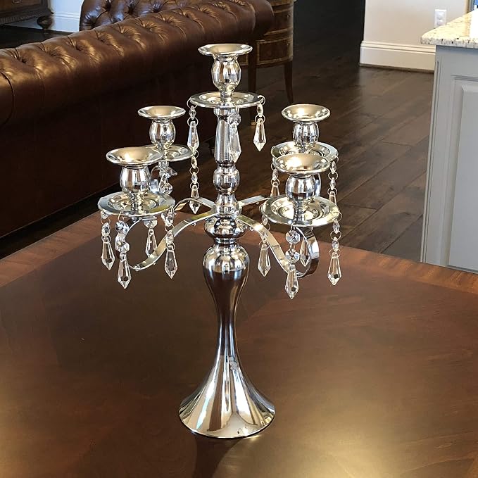 Allgala Silver Candle Holder 19" 5-Arm Silver Chrome Plated Taper Candle Holder Candlestick Candelabra