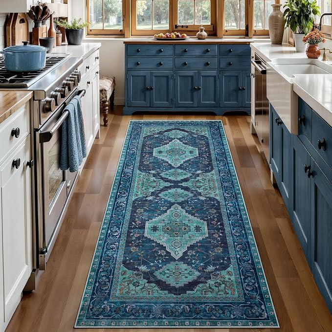 Tangsoo Vintage Teal 2X6 Washable Runner Rug for Hallways, Non Slip Hallway Rugs, Oriental Soft Low Pile Long Rug Carpet Runners for Kitchen Bedroom Entryway Bathroom Living Room Home Decor