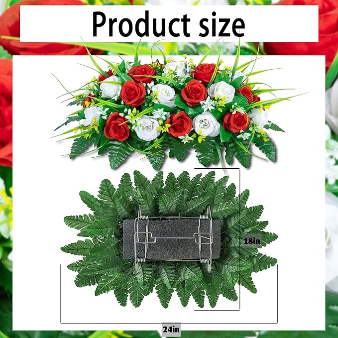 DONODA Cemetery Tombstone Flower Saddle - Outdoor Grave Decorations - Non-Bleed Colors, Rose Combination Flower (Red and White Saddle)