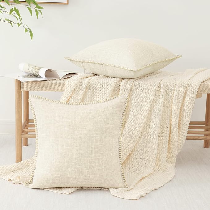decorUhome Summer Decorative Throw Pillow Covers 20x20 Set of 2 Square Faux Linen Farmhouse Pillow Covers with Stitched Edge Outdoor Neutral Pillow Covers for Couch Sofa Living Room, Cream White
