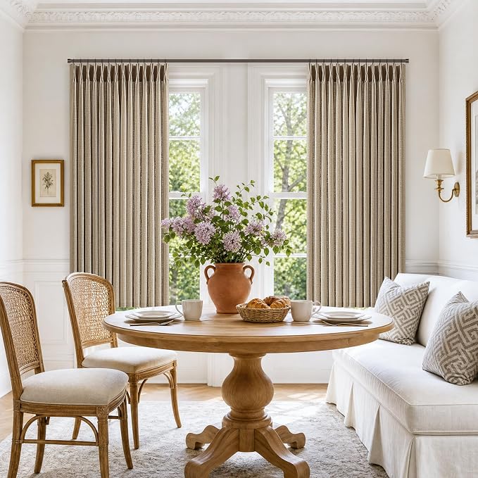 Dark Flax Pinch Pleated Linen Curtains 63 Inch Long 2 Panels Set for Living Dining Room Semi Sheer Memory Trained Short Pleat Drapes with Hooks Rings Farmhouse Boho Brown Bedroom Kitchen Drapes 40x63
