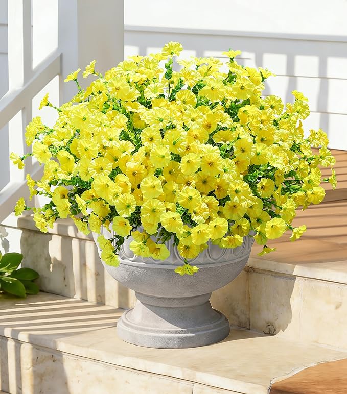 Artificial Flowers Fake Plants for Outdoors Decoration, 12 Bundles Yellow Silk Morning Glory with Eucalyptus Realistic UV Resistant Faux Flowers for Outside Planter Porch Yard Patio Garden Home Indoor
