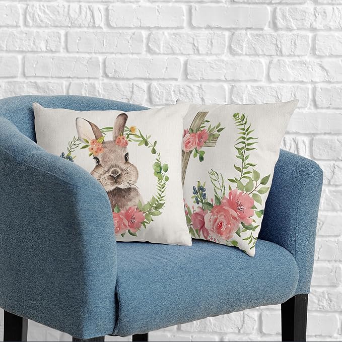 Easter Cross Floral Cushion Case Bunny Floral Garland Throw Pillow Case Spring Cotton Linen Square Pillow Covers 20x20 for Indoor Outdoor Sofa Car Set of 2