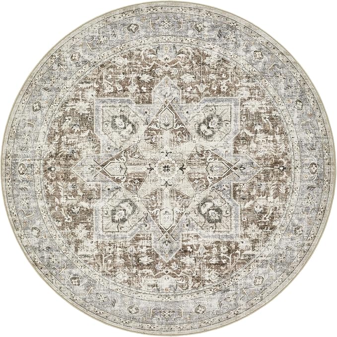 Tortania 5' Round Area Rug Living Room Rugs - Washable Boho Rug Vintage Oriental Distressed Farmhouse Large Thin Indoor Carpet for Bedroom Under Dining Table Home Office - Brown Blue