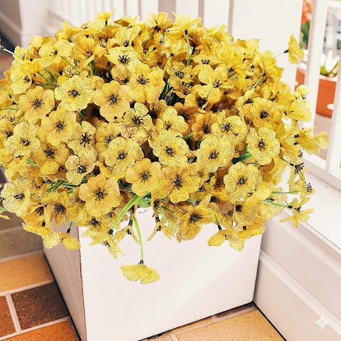 Geegoods Artificial Mums Flowers for Outdoors, 16 Bundles UV Resistant Fake Plastic Yellow Flowers for Patio Porch Spring Summer Decor