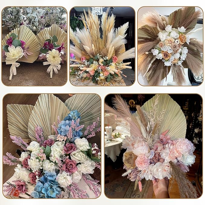 105 Pcs Boho Dried Pampas Grass Decor Bulk, Large Dried Palm Spears Bunny Tails Pampas Reed Grass Dried Palm Leaves Dried Flower Bouquet Boho Centerpieces for Wedding Home Tables Decor