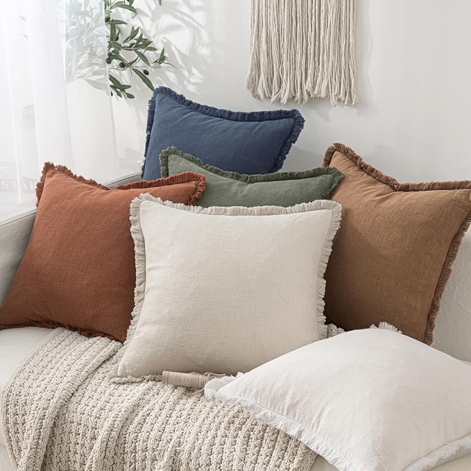 MIULEE Decorative Throw Pillow Covers Neutral Linen Fringe Throw Pillows Euro Shams Set of 2 Brown Boho Farmhouse Cushion Covers for Couch Sofa Bed Living Room Fall Home Decor 26x26 Inch
